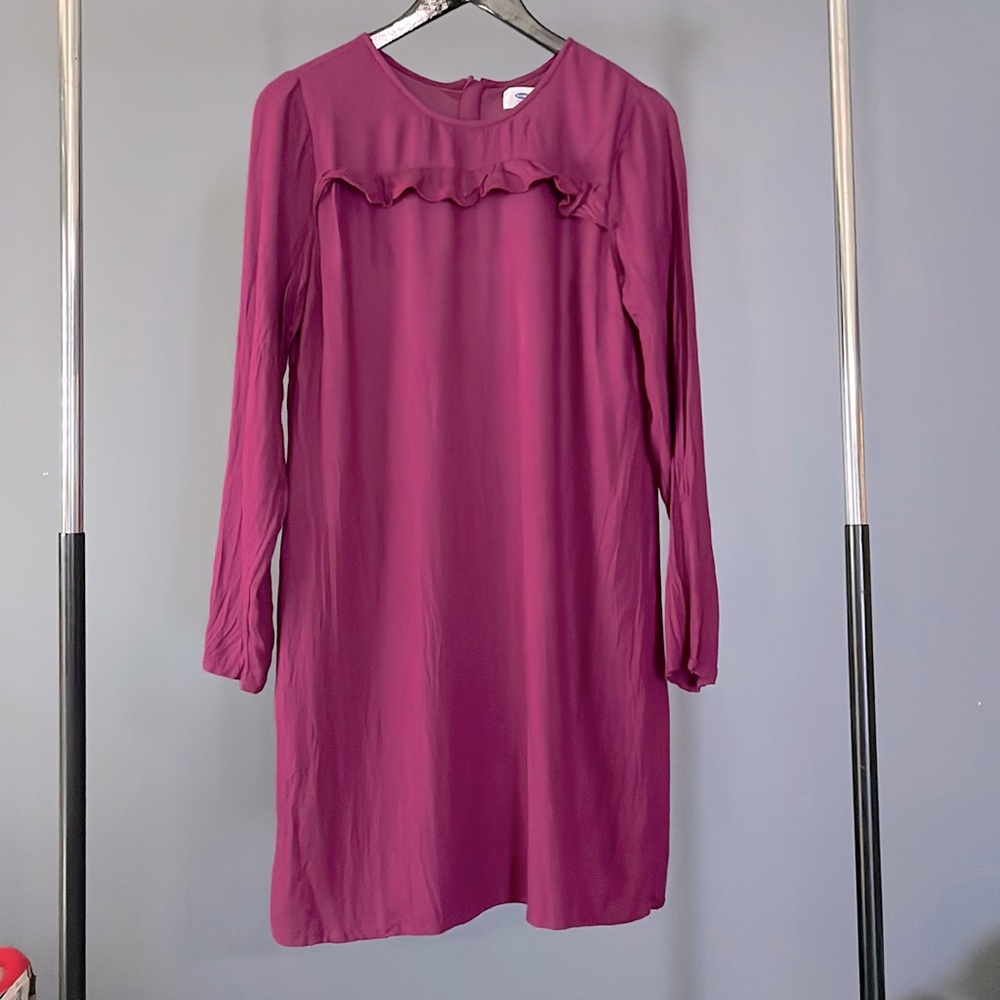 ON Long Sleeve Raspberry Shift Dress with Small Ruffle Detail